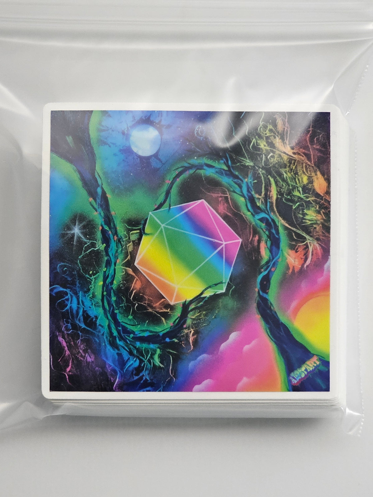 Colorful abstract artwork with geometric shapes and vibrant colors on a white background