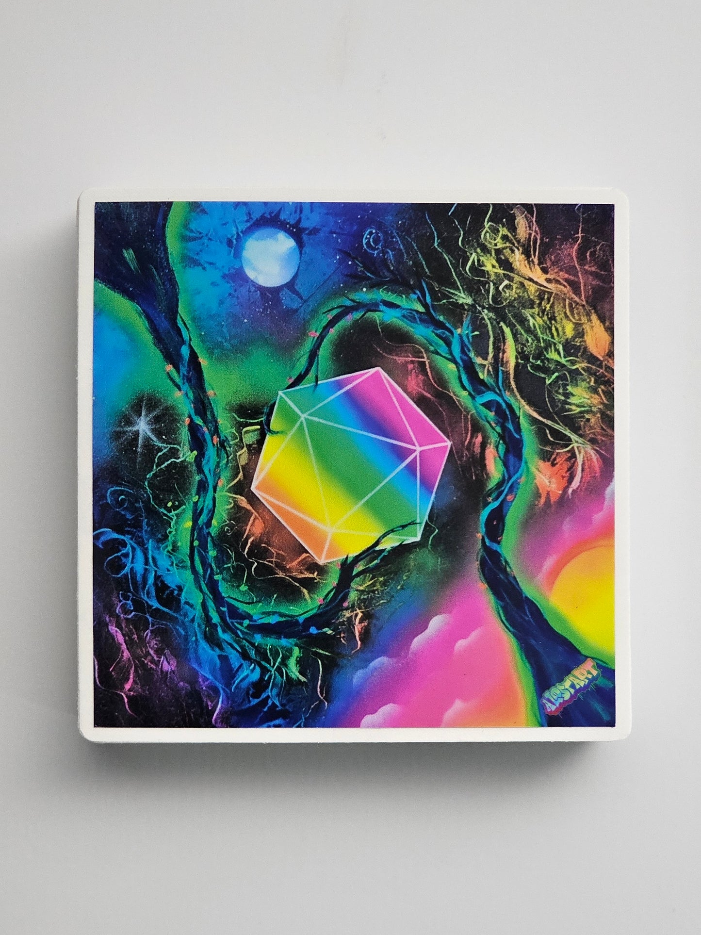 Colorful abstract artwork with geometric shapes and natural elements on a gray background