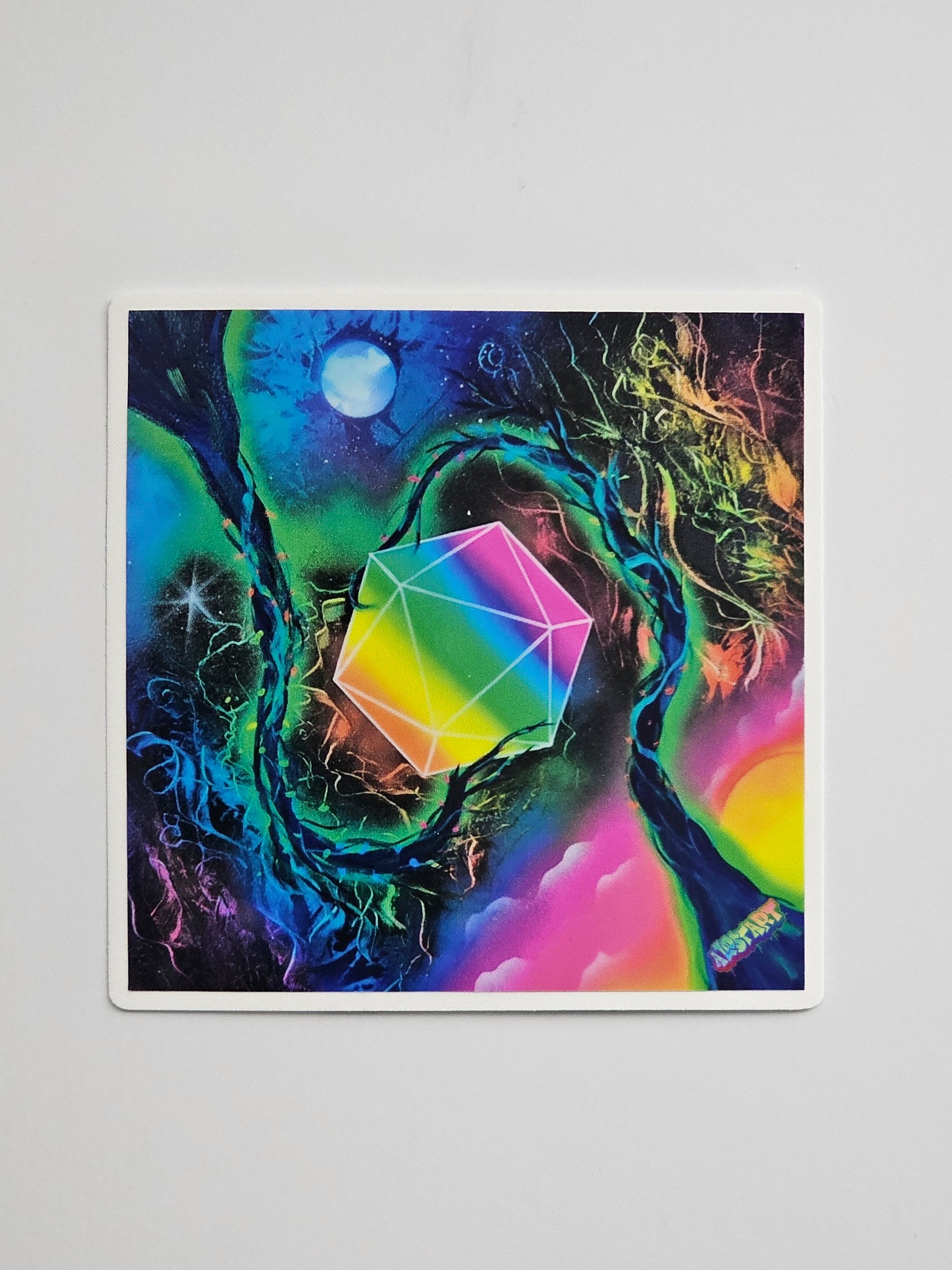 Colorful abstract artwork with geometric shapes on a gray background