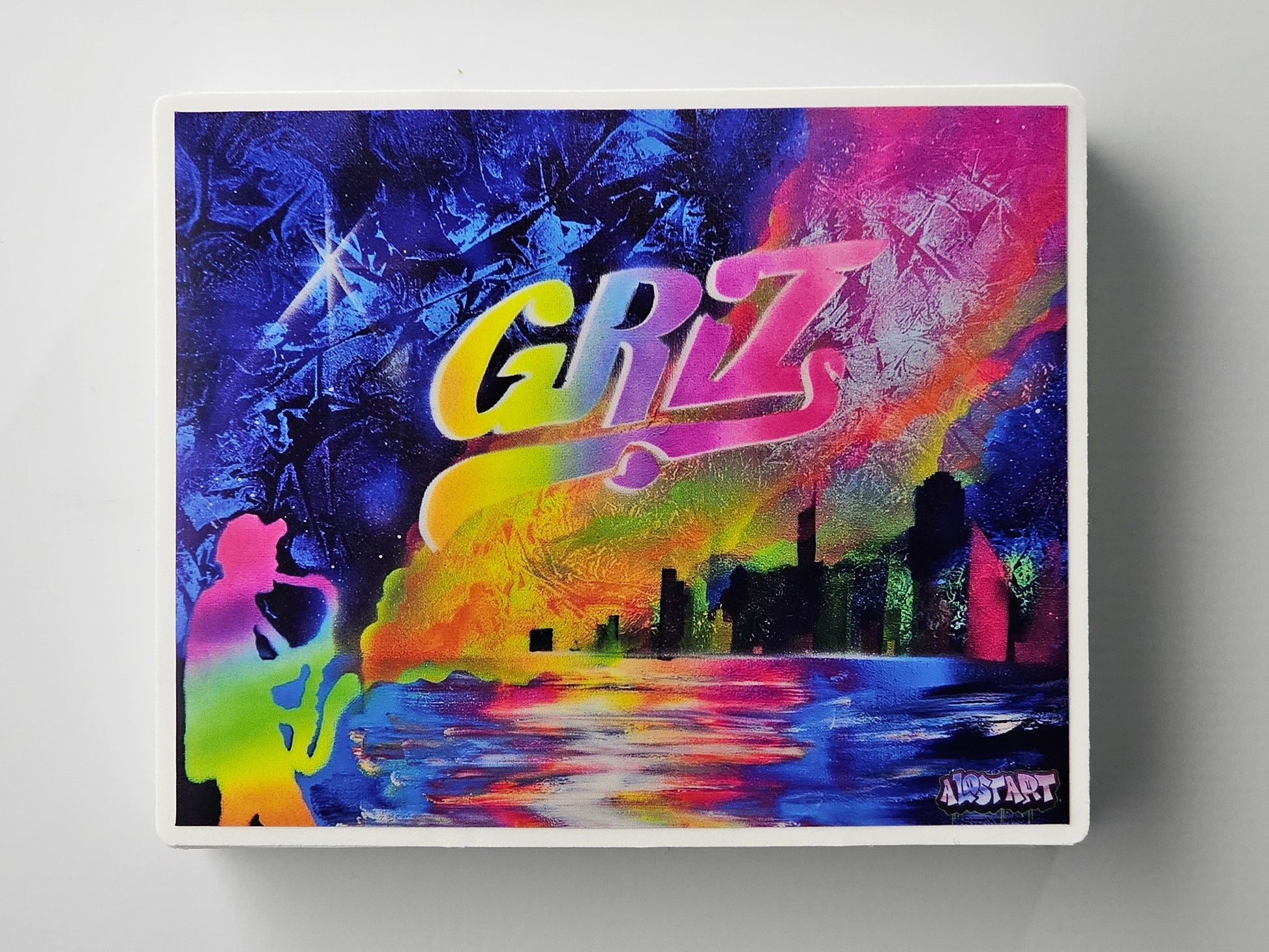 Colorful abstract painting with text on a white background