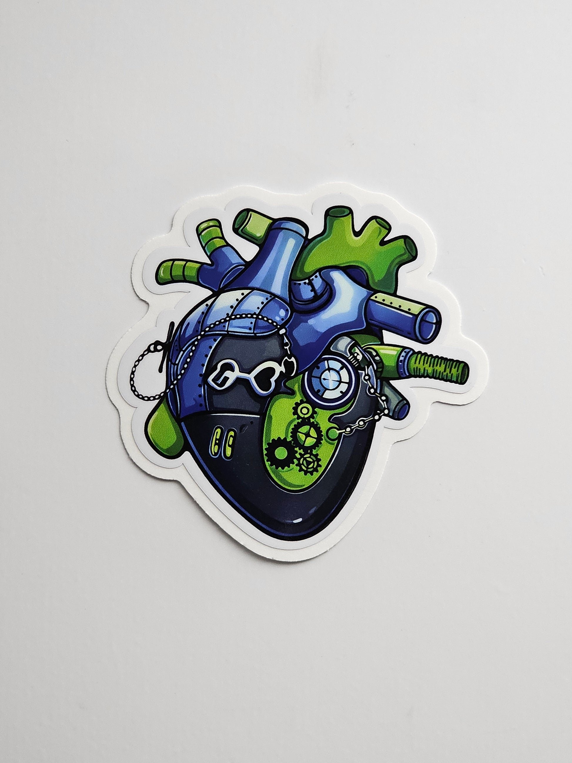 Sticker of a mechanical heart design on a white background