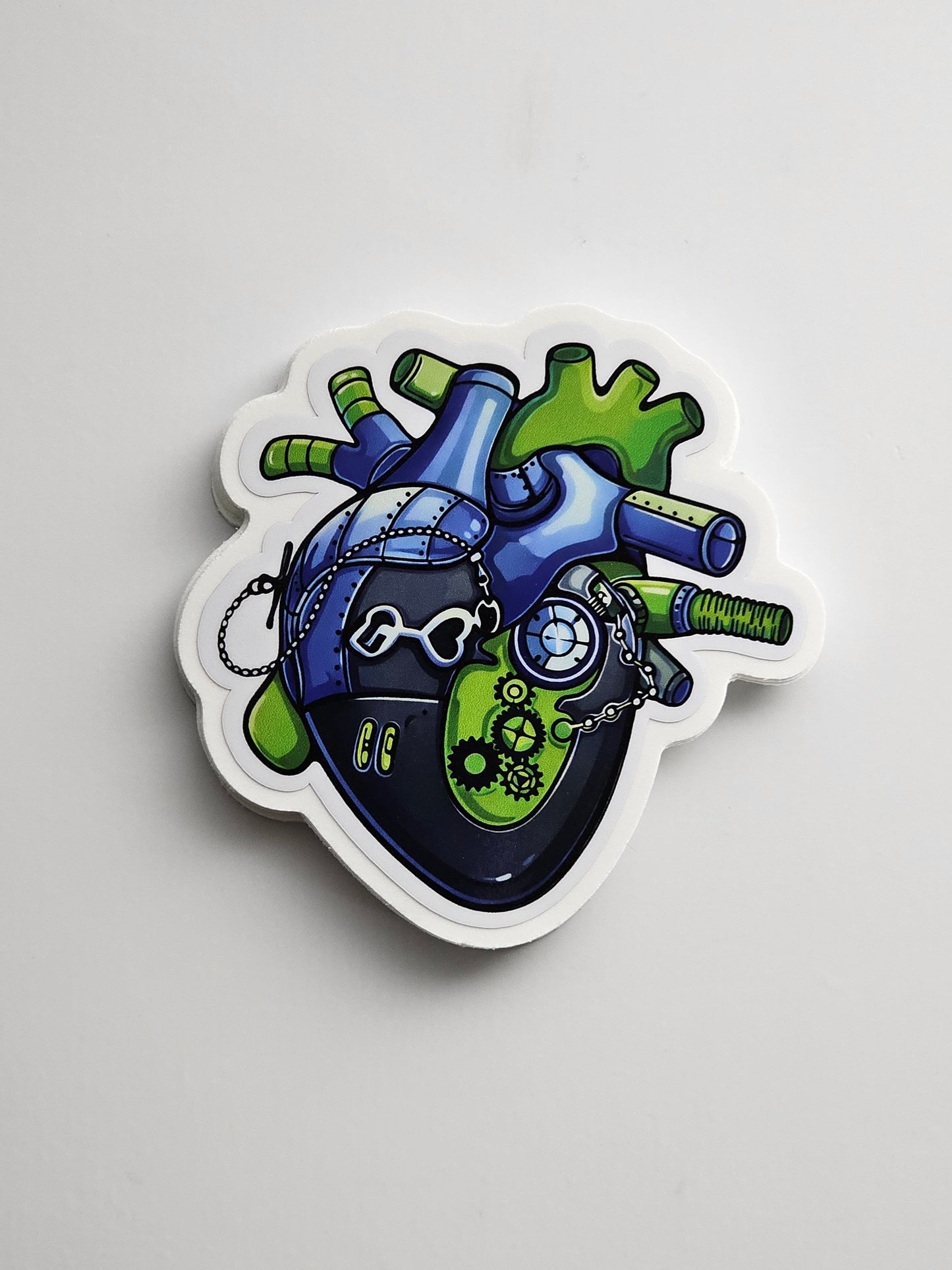 Sticker with a mechanical heart design on a white background