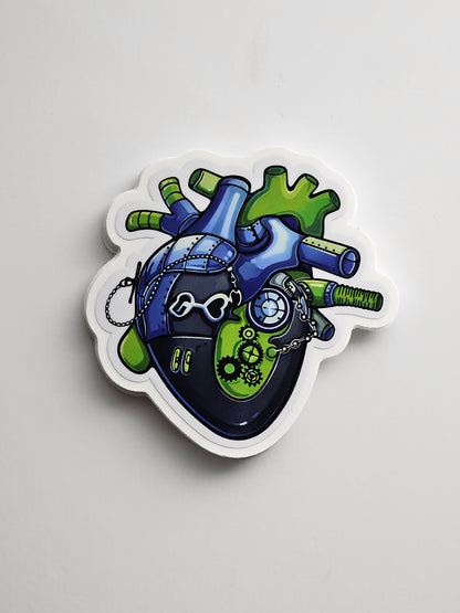 Sticker with a mechanical heart design on a white background