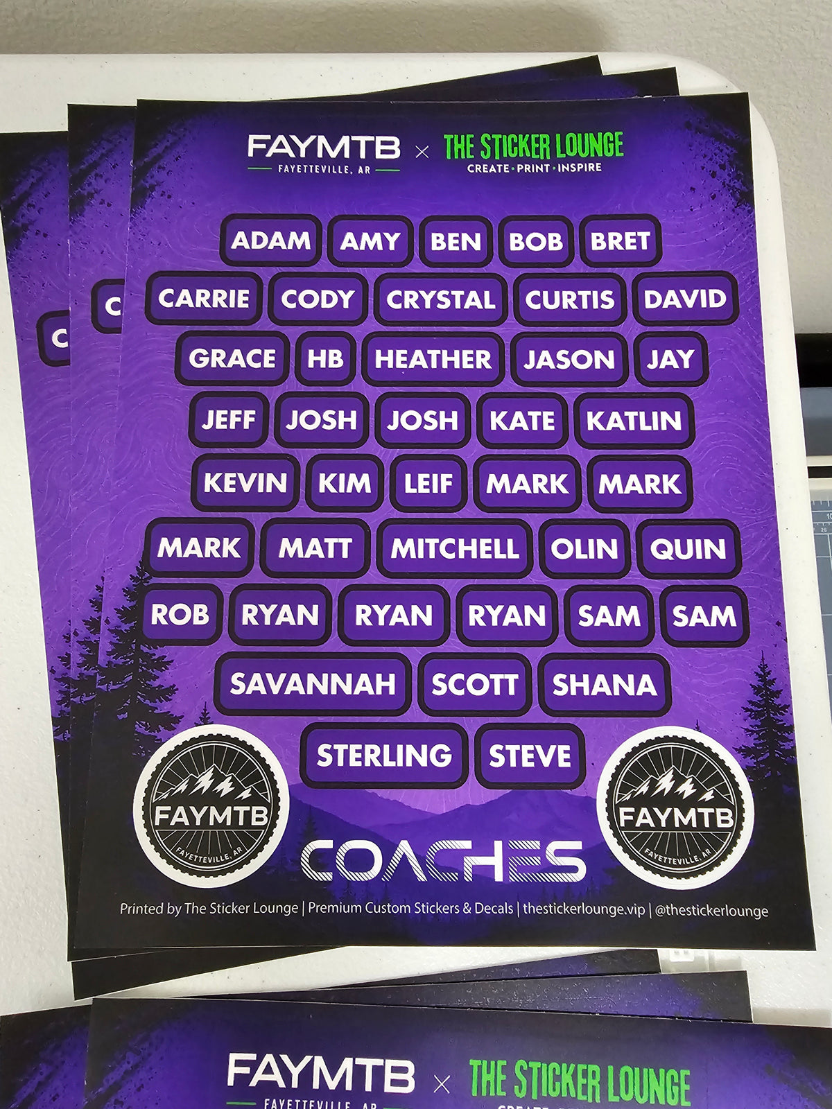 Custom FAYMTB name tag sticker sheets with individual kiss-cut names