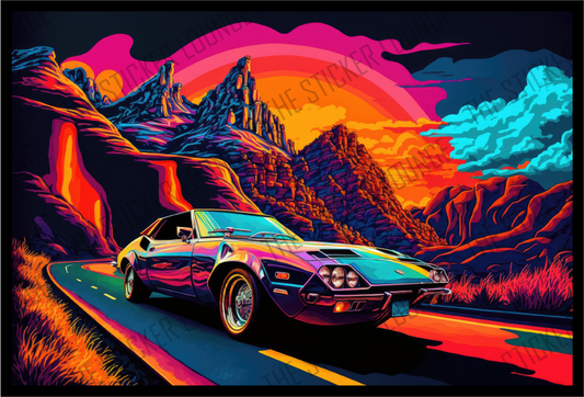 Vintage Sunset Drive: Psychedelic Colored Car Sticker on Mountain Road