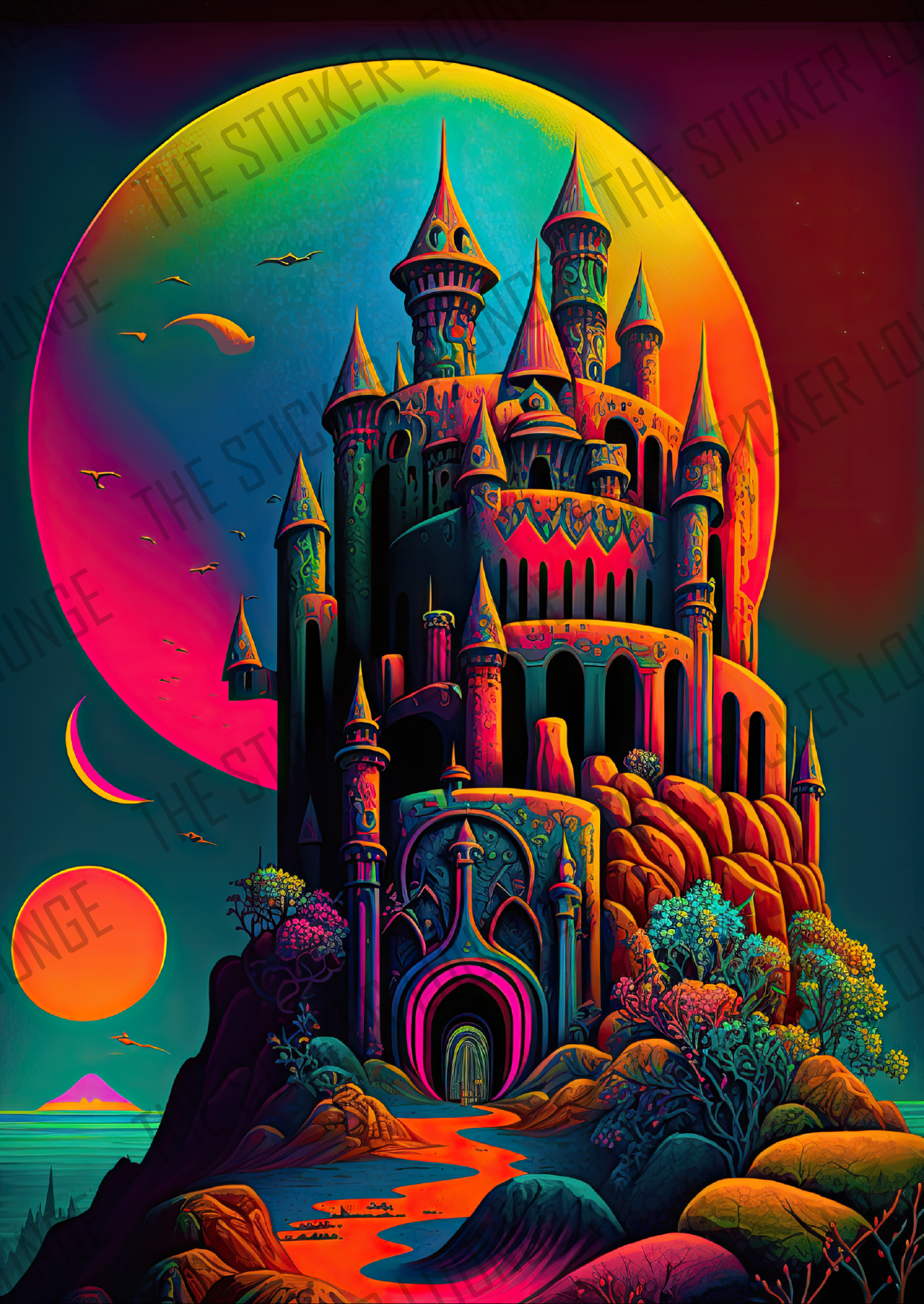 Vibrant Coastal Castle: Psychedelic Sticker