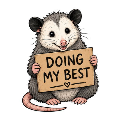 Illustration of a possum holding a sign that says 'Doing My Best' on a white background
