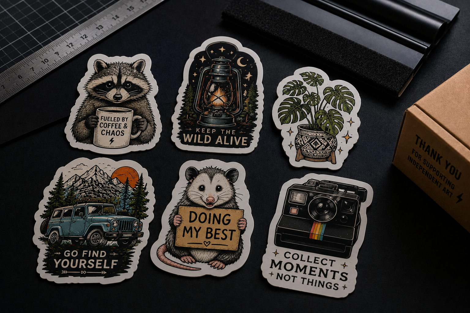 Set of six themed stickers on a dark surface with a ruler and box in the background.