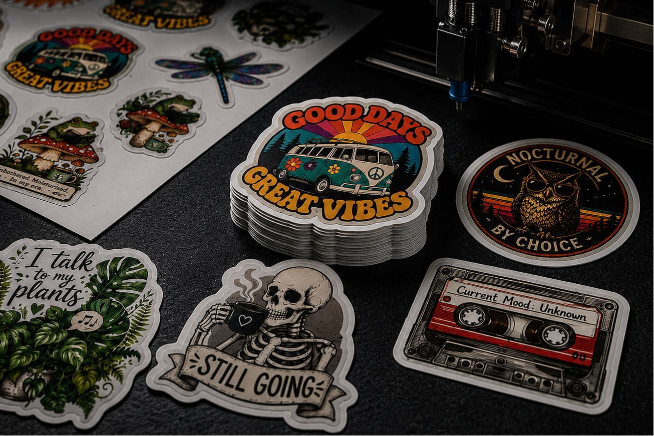 Collection of various stickers on a dark surface with a focus on 'Good Days, Great Vibes' and 'Nocturnal by Choice'.