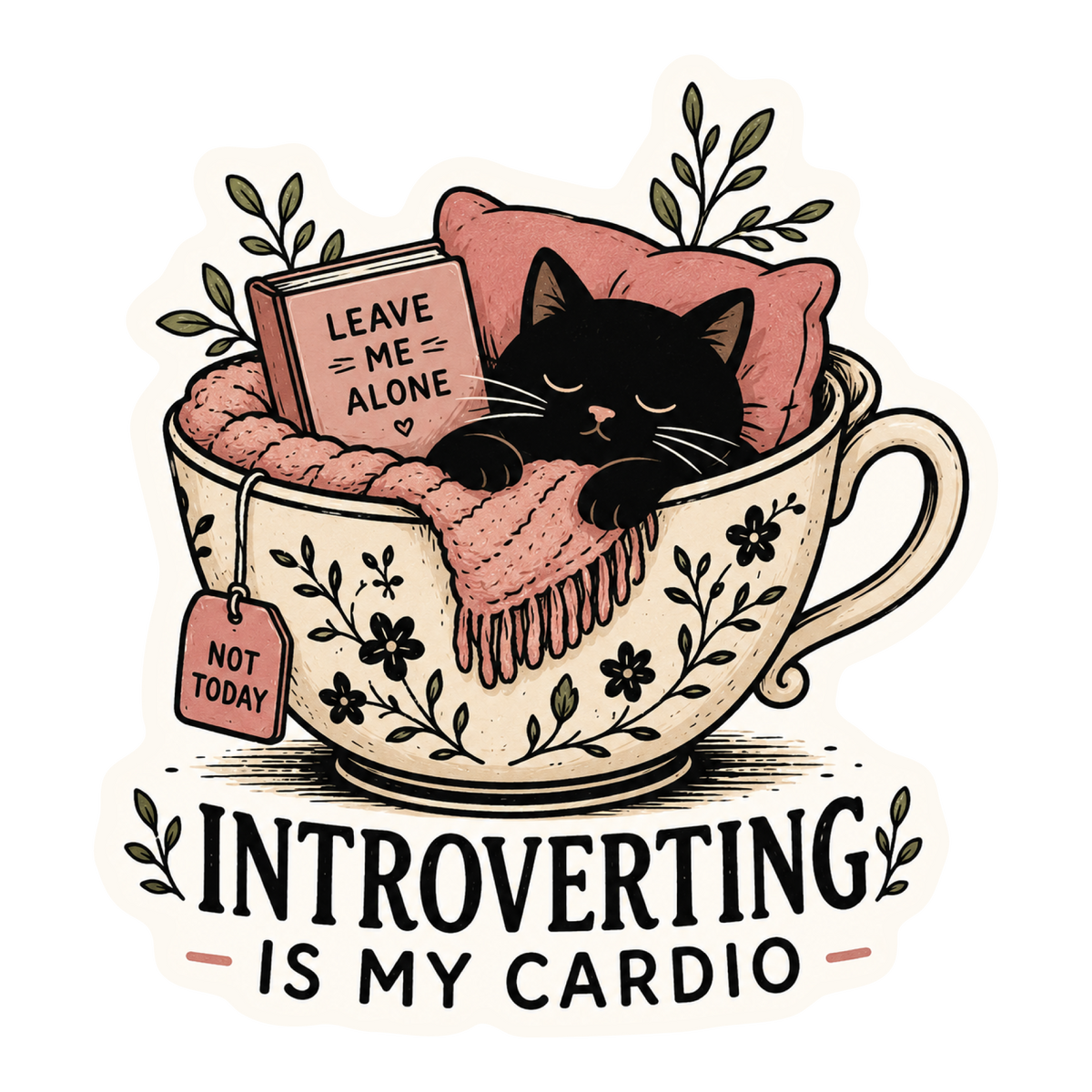 Die-cut sticker featuring a cute black cat sleeping in a tea cup