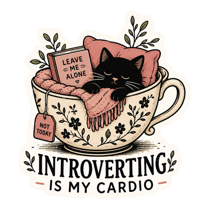 Die-cut sticker featuring a cute black cat sleeping in a tea cup