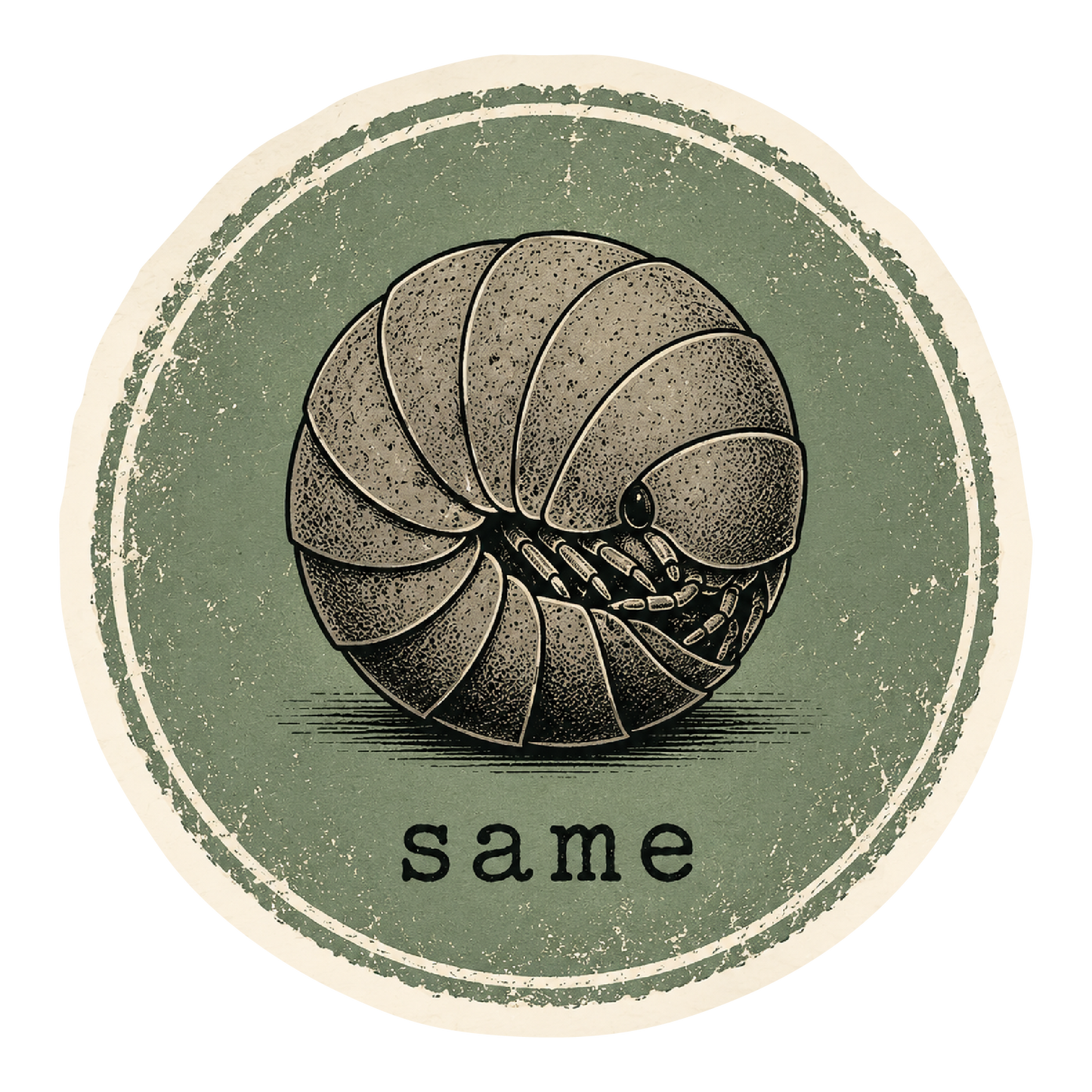 Illustration of a segmented roly poly creature with 'same' text on a green background