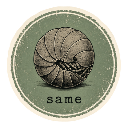 Illustration of a segmented roly poly creature with 'same' text on a green background