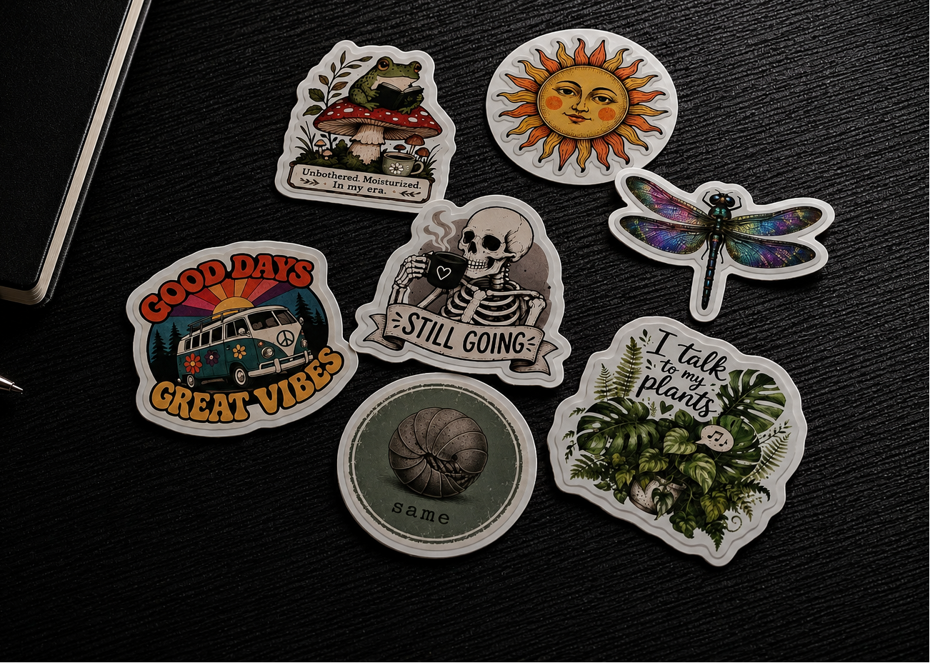 Custom die cut vinyl stickers displayed on dark tabletop