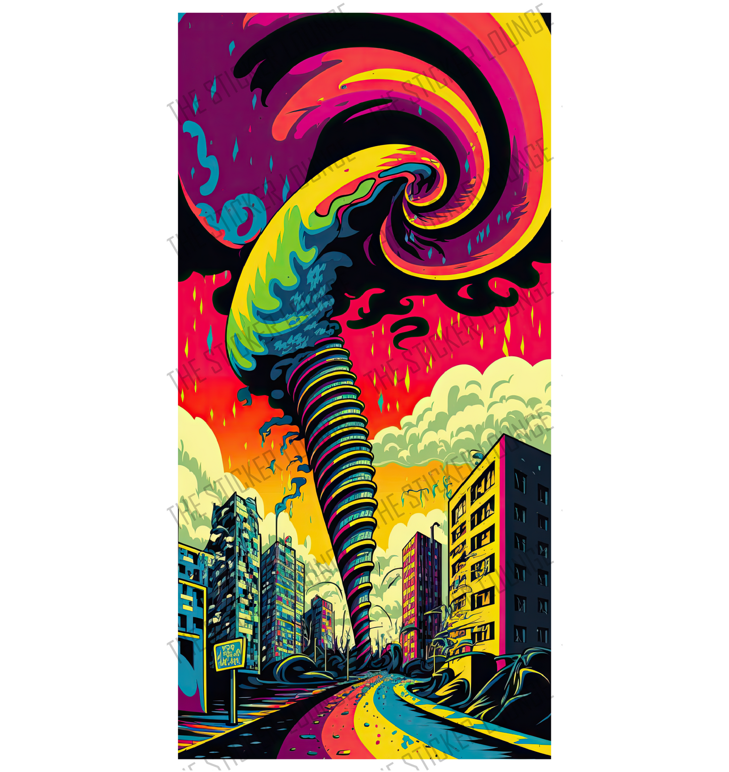 Whirling Kaleidoscope: Retro-inspired Psychedelic Tornado Sticker