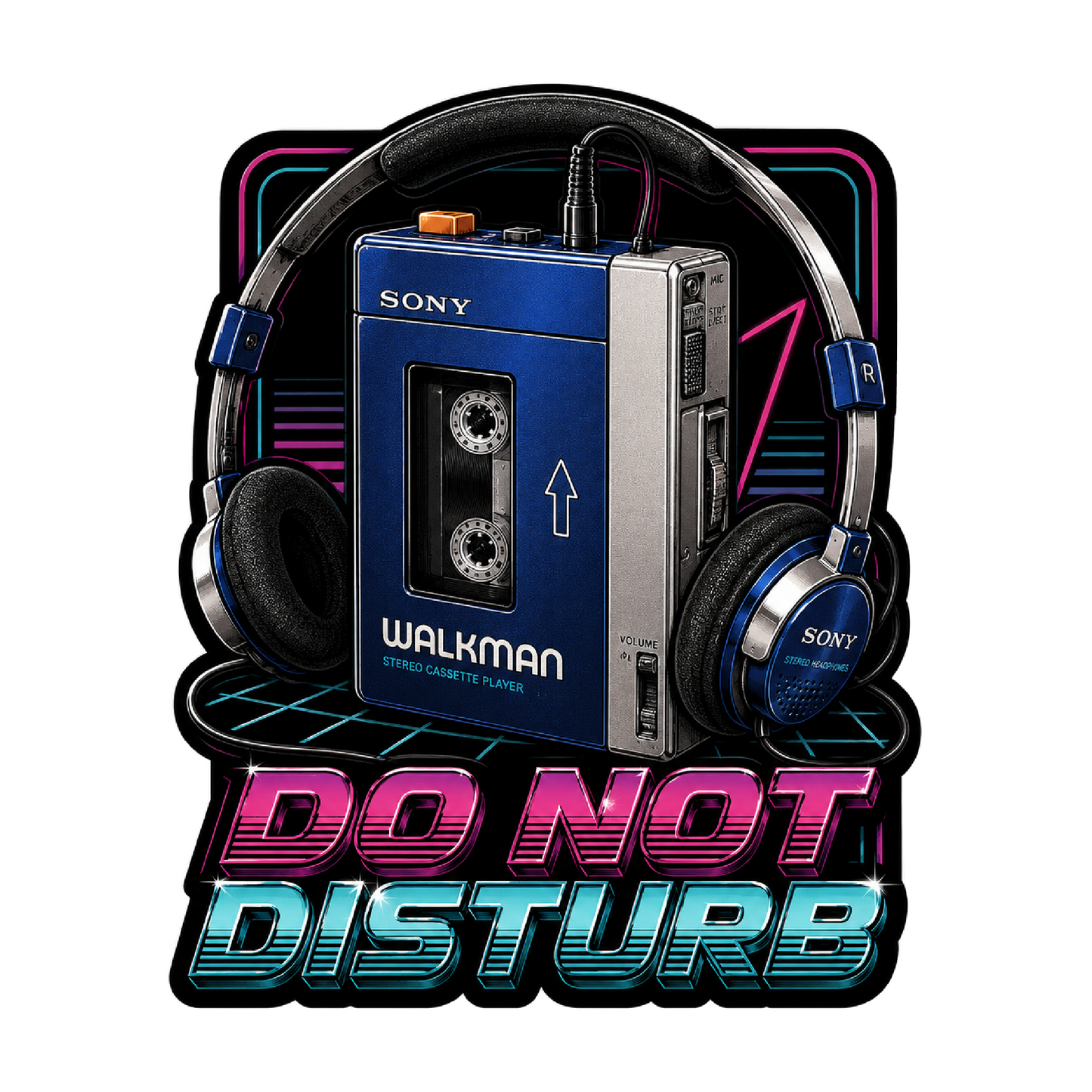 Sony Walkman with headphones and 'Do Not Disturb' text on a white background