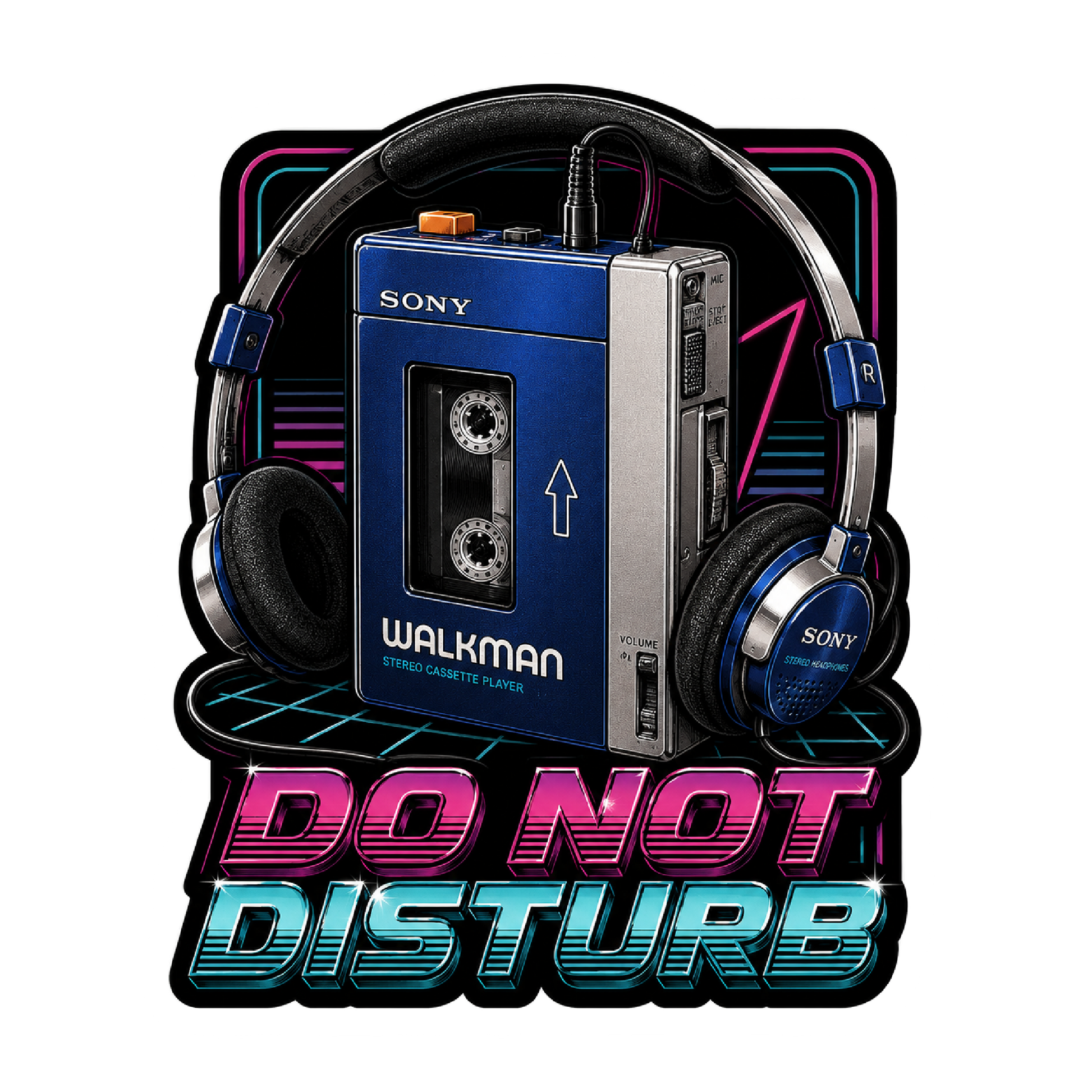 Sony Walkman with headphones and 'Do Not Disturb' text on a white background