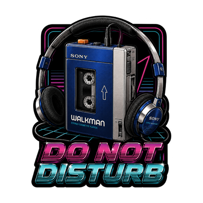 Sony Walkman with headphones and 'Do Not Disturb' text on a white background